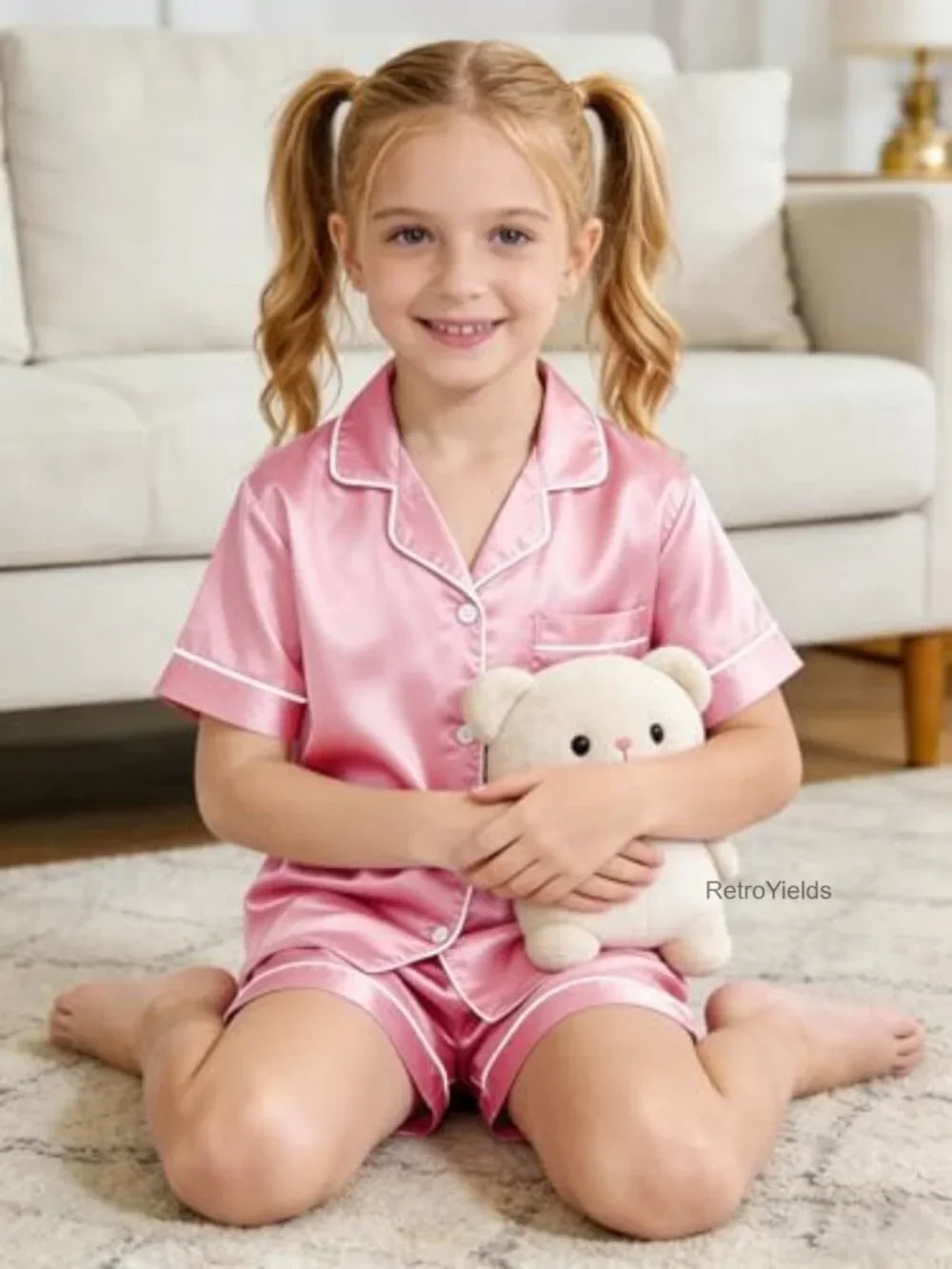 Satin 2-Piece Short Sleeve Pajama Set, Button Top & Shorts, Silky Soft Kids